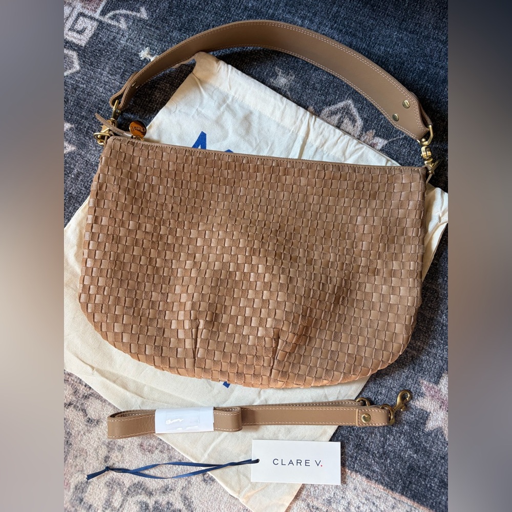Clare V Moyen Messenger Clay Woven Checker Suede New